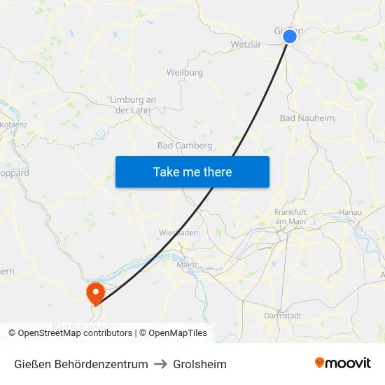 Gießen Behördenzentrum to Grolsheim map