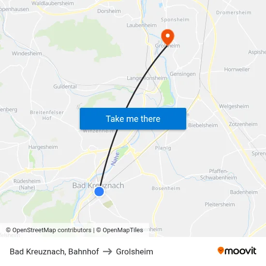Bad Kreuznach, Bahnhof to Grolsheim map