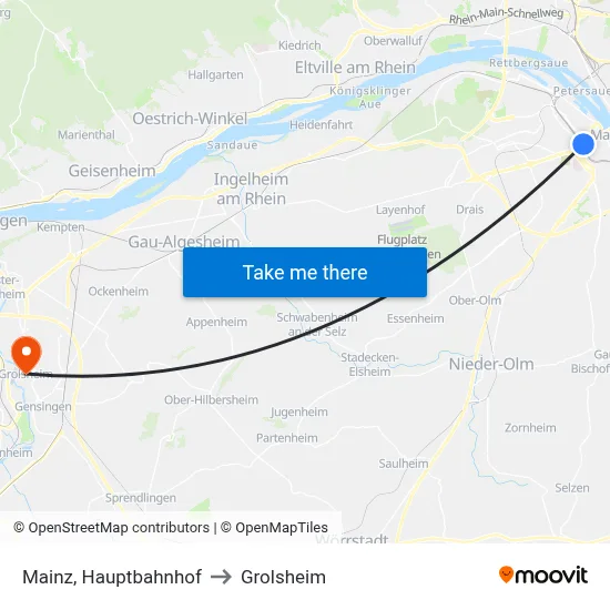 Mainz, Hauptbahnhof to Grolsheim map