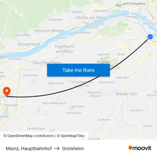 Mainz, Hauptbahnhof to Grolsheim map