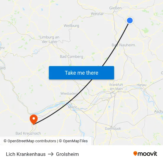Lich Krankenhaus to Grolsheim map