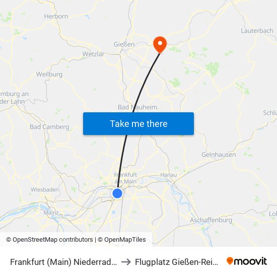 Frankfurt (Main) Niederrad Bahnhof to Flugplatz Gießen-Reiskirchen map