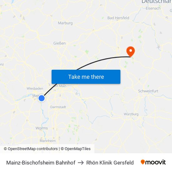 Mainz-Bischofsheim Bahnhof to Rhön Klinik Gersfeld map