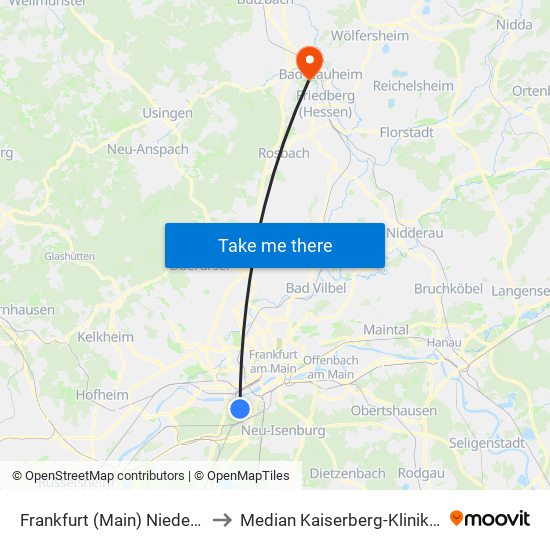 Frankfurt (Main) Niederrad Bahnhof to Median Kaiserberg-Klinik Bad Nauheim map