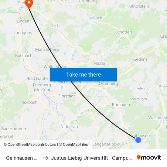 Gelnhausen Busbahnhof to Justus-Liebig-Universität - Campusbereich Philosophikum I map