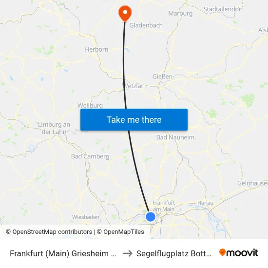Frankfurt (Main) Griesheim Bahnhof to Segelflugplatz Bottenhorn map
