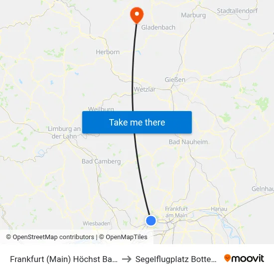 Frankfurt (Main) Höchst Bahnhof to Segelflugplatz Bottenhorn map