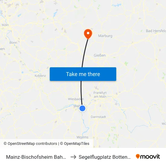 Mainz-Bischofsheim Bahnhof to Segelflugplatz Bottenhorn map
