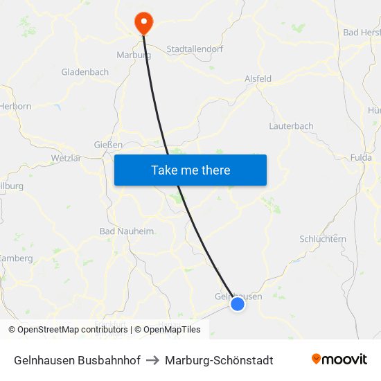 Gelnhausen Busbahnhof to Marburg-Schönstadt map