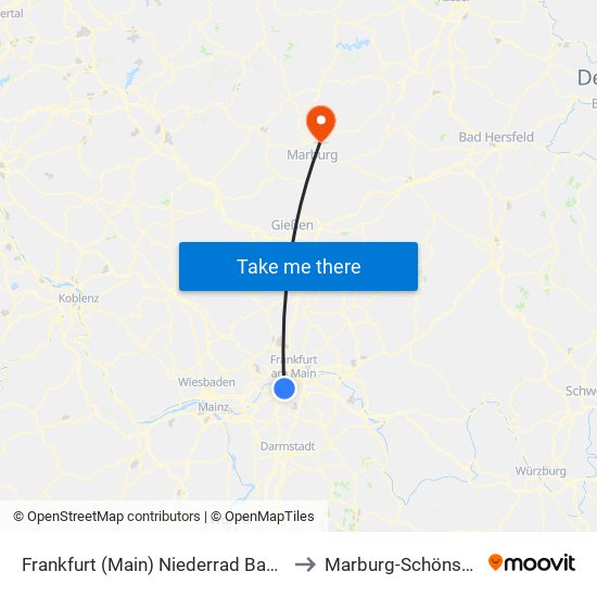 Frankfurt (Main) Niederrad Bahnhof to Marburg-Schönstadt map