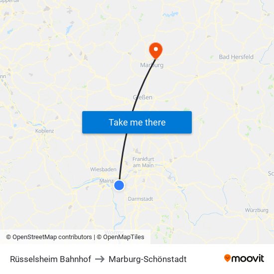 Rüsselsheim Bahnhof to Marburg-Schönstadt map