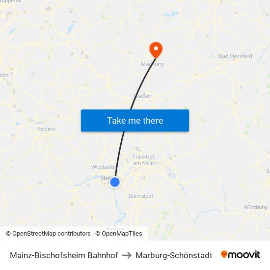 Mainz-Bischofsheim Bahnhof to Marburg-Schönstadt map