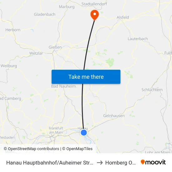 Hanau Hauptbahnhof/Auheimer Straße to Homberg Ohm map