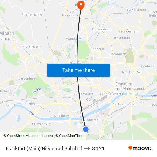 Frankfurt (Main) Niederrad Bahnhof to S 121 map