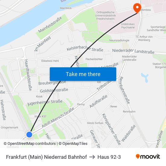 Frankfurt (Main) Niederrad Bahnhof to Haus 92-3 map