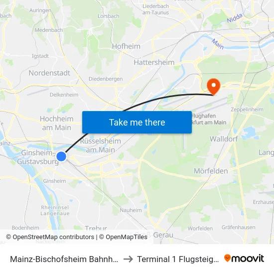 Mainz-Bischofsheim Bahnhof to Terminal 1 Flugsteig A map