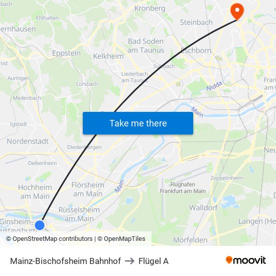 Mainz-Bischofsheim Bahnhof to Flügel A map