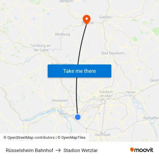 Rüsselsheim Bahnhof to Stadion Wetzlar map
