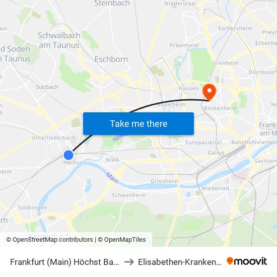 Frankfurt (Main) Höchst Bahnhof to Elisabethen-Krankenhaus map