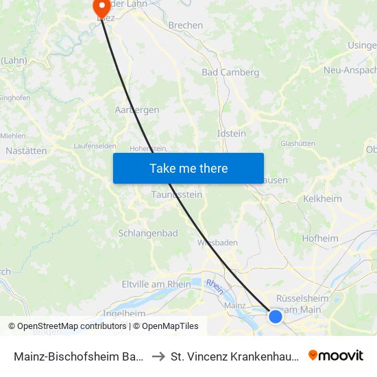 Mainz-Bischofsheim Bahnhof to St. Vincenz Krankenhaus Diez map