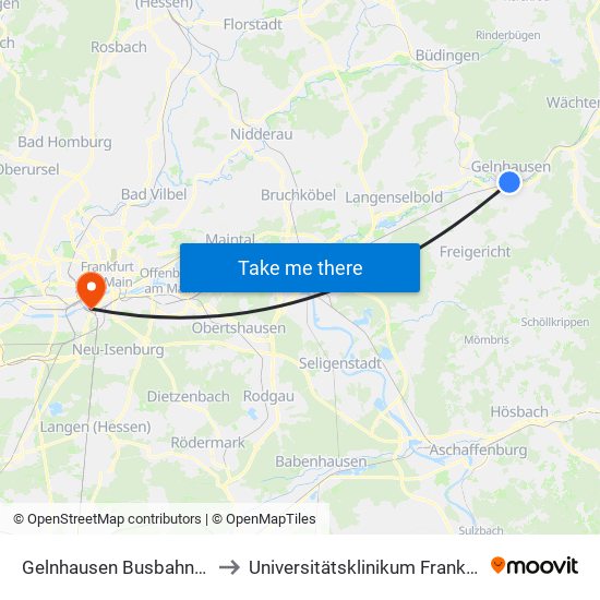 Gelnhausen Busbahnhof to Universitätsklinikum Frankfurt map