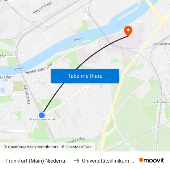 Frankfurt (Main) Niederrad Bahnhof to Universitätsklinikum Frankfurt map