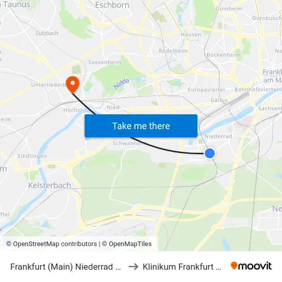 Frankfurt (Main) Niederrad Bahnhof to Klinikum Frankfurt Höchst map