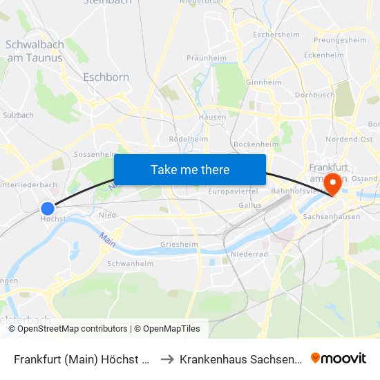 Frankfurt (Main) Höchst Bahnhof to Krankenhaus Sachsenhausen map