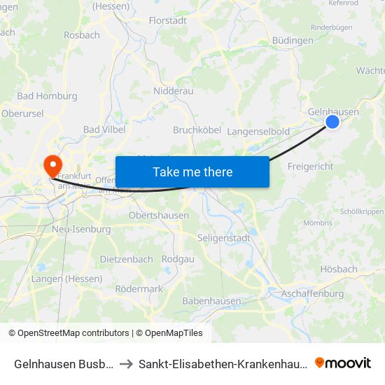 Gelnhausen Busbahnhof to Sankt-Elisabethen-Krankenhaus Frankfurt map