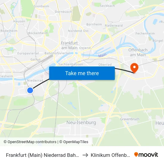 Frankfurt (Main) Niederrad Bahnhof to Klinikum Offenbach map