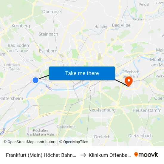 Frankfurt (Main) Höchst Bahnhof to Klinikum Offenbach map