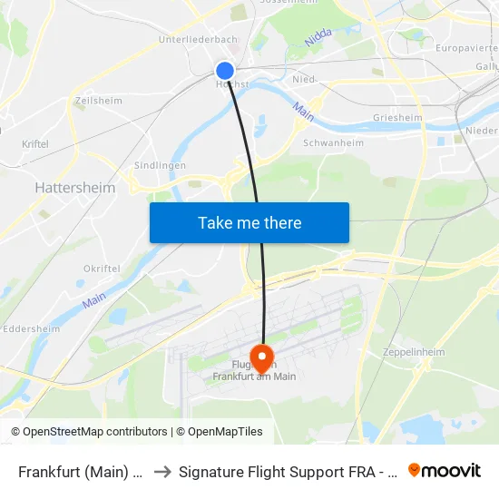 Frankfurt (Main) Höchst Bahnhof to Signature Flight Support FRA - Frankfurt Main Int'l Airport map