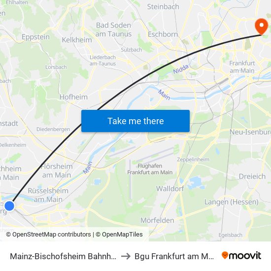 Mainz-Bischofsheim Bahnhof to Bgu Frankfurt am Main map