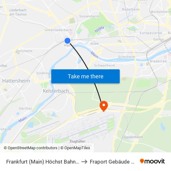 Frankfurt (Main) Höchst Bahnhof to Fraport Gebäude 162 map
