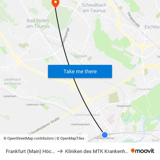 Frankfurt (Main) Höchst Bahnhof to Kliniken des MTK Krankenhaus Bad Soden map