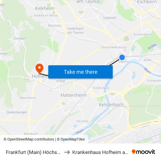 Frankfurt (Main) Höchst Bahnhof to Krankenhaus Hofheim am Taunus map
