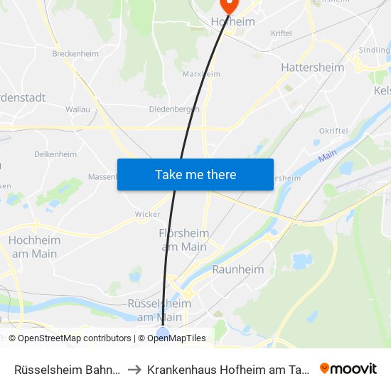 Rüsselsheim Bahnhof to Krankenhaus Hofheim am Taunus map