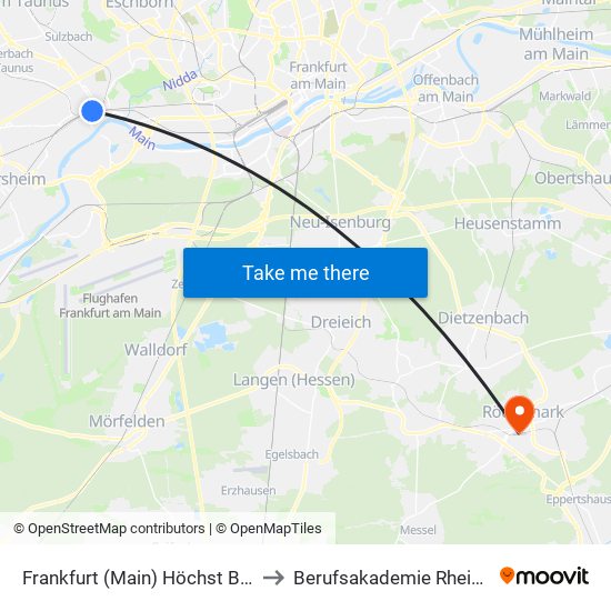 Frankfurt (Main) Höchst Bahnhof to Berufsakademie Rhein-Main map