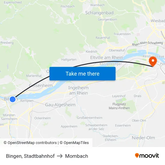 Bingen, Stadtbahnhof to Mombach map