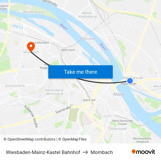 Wiesbaden-Mainz-Kastel Bahnhof to Mombach map