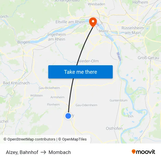 Alzey, Bahnhof to Mombach map