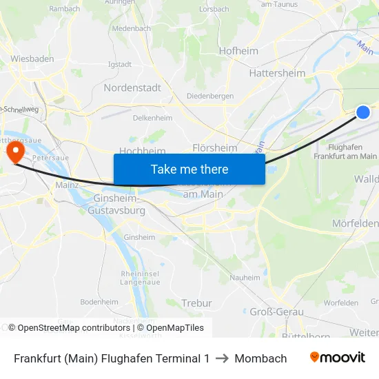 Frankfurt (Main) Flughafen Terminal 1 to Mombach map