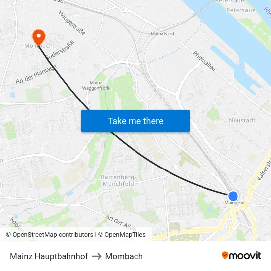 Mainz Hauptbahnhof to Mombach map