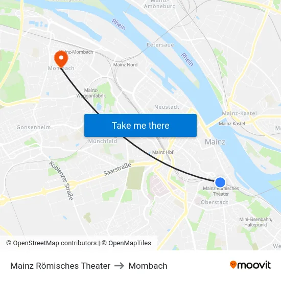 Mainz Römisches Theater to Mombach map