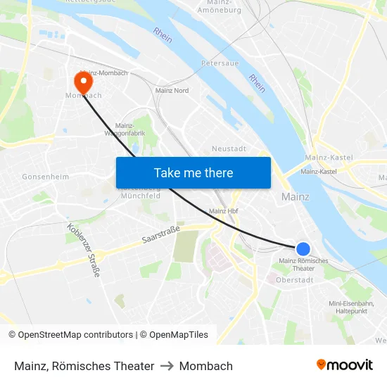 Mainz, Römisches Theater to Mombach map