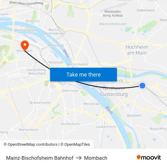 Mainz-Bischofsheim Bahnhof to Mombach map