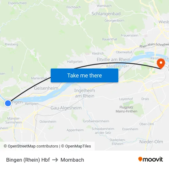 Bingen (Rhein) Hbf to Mombach map