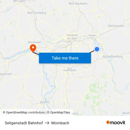 Seligenstadt Bahnhof to Mombach map