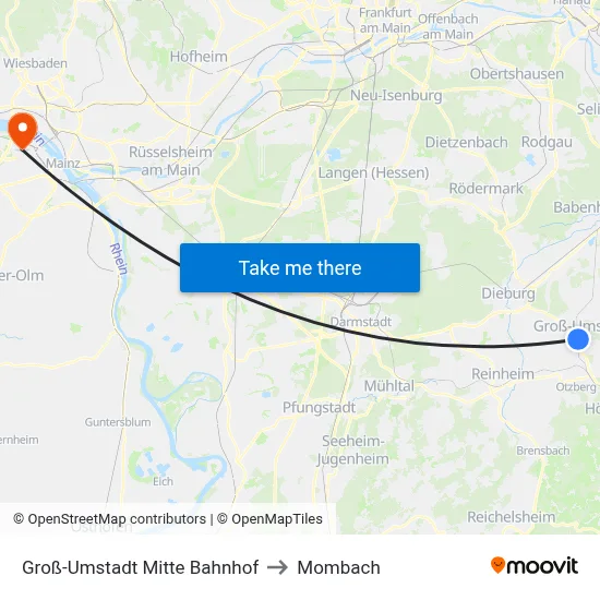 Groß-Umstadt Mitte Bahnhof to Mombach map
