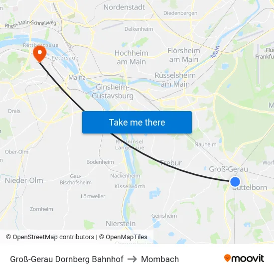 Groß-Gerau Dornberg Bahnhof to Mombach map
